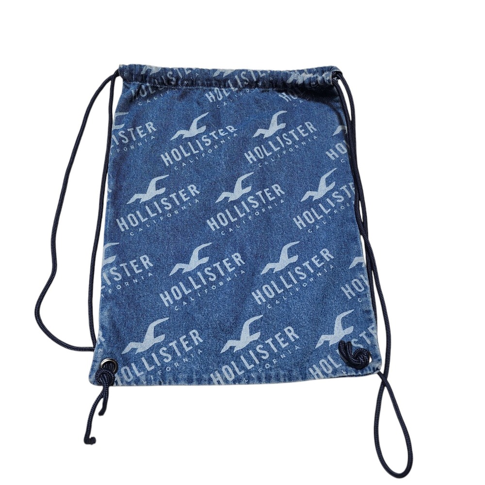 Hollister Denim Drawstring Backpack Gym Bag Travel Casual Blue